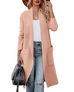 Maavoki Strickjacke Damen, Langarm Offene Front Cardigan mit Tasche, Casual Lange Einfarbig Strickmantel Rosa, M von Maavoki