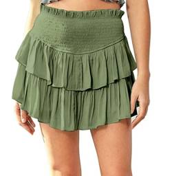 Damen Sommer Solide Vielseitige Minirock Elastische Hohe Taille Layered Rüschen Kurzer Rock(Armeegrün,XL) von Machbaby