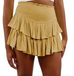 Damen Sommer Solide Vielseitige Minirock Elastische Hohe Taille Layered Rüschen Kurzer Rock(Gelb,XL) von Machbaby