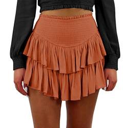 Damen Sommer Solide Vielseitige Minirock Elastische Hohe Taille Layered Rüschen Kurzer Rock(Orange,L) von Machbaby