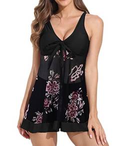 Damen Zweiteilig Tankini Set Push Up Gerüschte Badeanzug Plus Size Bauchweg Bademode Gepolstert Badekleid Beachwear mit Hotpants(Schwarze Blume,2XL) von Machbaby