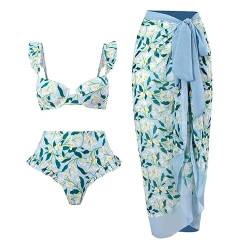 Machbaby Damen Badeanzug V Ausschnitt Bauchweg Push UP Strandmode Einteilige Bademode Bikini Set mit Chiffon Wickelrock(S,Pflanzen - hellblau) von Machbaby