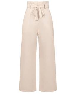 Machbaby Damen Hosen Breites Bein Hohe Taille Anzughose mit Unsichtbarer Schnalle und Reißverschluss Büro Pants Einfarbig Formal Freizeithose mit Bund Taschen(Beige,XL) von Machbaby