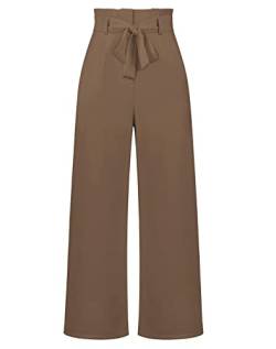 Machbaby Damen Hosen Breites Bein Hohe Taille Anzughose mit Unsichtbarer Schnalle und Reißverschluss Büro Pants Einfarbig Formal Freizeithose mit Bund Taschen(Braun,L) von Machbaby