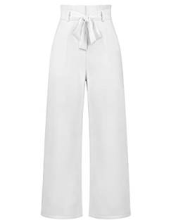 Machbaby Damen Hosen Breites Bein Hohe Taille Anzughose mit Unsichtbarer Schnalle und Reißverschluss Büro Pants Einfarbig Formal Freizeithose mit Bund Taschen(Weiß,XL) von Machbaby