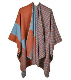 Machbaby Damen Retro Poncho Schal Gestrickt Beidseitig Tragbar Klassische Herbst Winter Wrap Cape Cardigans Umhang Stola,Quadratisch orange von Machbaby