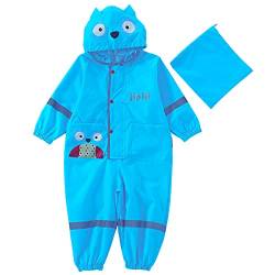 Machbaby Jungen Mädchen Regenmantel Leichter Einteiliger Overall Wasserdichter Regenjacken Atmungsaktiv Reflektoren Regenjacke mit transparenter Hutkrempe(Blaue Eule,1-2 Jahre) von Machbaby