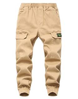Machbaby Kinder Jungen Baumwolle Cargohose Streetwear Sporthose Slim Fit Freizeithose mit elastischem Bund(Khaki,170) von Machbaby