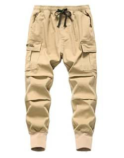 Machbaby Kinder Jungen Baumwolle Cargohose Streetwear Sporthose Slim Fit Freizeithose mit elastischem Bund(Khaki mit Gürtel,170) von Machbaby