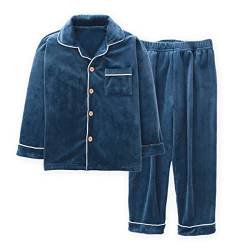 Machbaby Kinder Zweiteiler Schlafanzug Langarm Flanell Pyjama Set für Jungen Mädchen Hausanzug mit Knopfleiste(Blau,160) von Machbaby