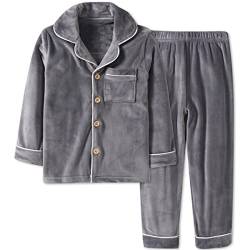 Machbaby Kinder Zweiteiler Schlafanzug Langarm Flanell Pyjama Set für Jungen Mädchen Hausanzug mit Knopfleiste(Grau,110) von Machbaby