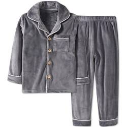 Machbaby Kinder Zweiteiler Schlafanzug Langarm Flanell Pyjama Set für Jungen Mädchen Hausanzug mit Knopfleiste(Grau,130) von Machbaby