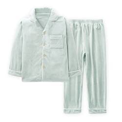 Machbaby Kinder Zweiteiler Schlafanzug Langarm Flanell Pyjama Set für Jungen Mädchen Hausanzug mit Knopfleiste(Hellgrün,120) von Machbaby