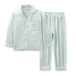 Machbaby Kinder Zweiteiler Schlafanzug Langarm Flanell Pyjama Set für Jungen Mädchen Hausanzug mit Knopfleiste(Hellgrün,160) von Machbaby