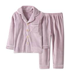 Machbaby Kinder Zweiteiler Schlafanzug Langarm Flanell Pyjama Set für Jungen Mädchen Hausanzug mit Knopfleiste(Lila,110) von Machbaby