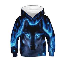 Machbaby Unisex Kinder 3D Druck Kapuzenpullover Langarm Jungen Mädchen Hoodie Sweatshirt Kapuzenjacke Mit Taschen 5-14 Jahre(Blauer Wolf,9-10 Jahre) von Machbaby