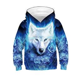 Machbaby Unisex Kinder 3D Druck Kapuzenpullover Langarm Jungen Mädchen Hoodie Sweatshirt Kapuzenjacke Mit Taschen 5-14 Jahre(weißer Wolf/Blume,13-14 Jahre) von Machbaby