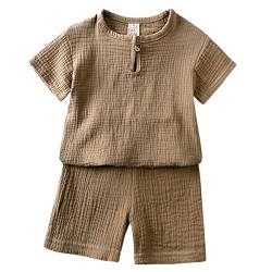 Machbaby Unisex Kinder Baumwolle Leinen Kurzarm T-Shirt und Kurze Hose 2-teiliges Set Sommer Bekleidungsset Lässiges Outfits 1-8 Jahre(Braun,130) von Machbaby