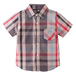 Unisex Kinder 100% Baumwolle Kurzarm Sommer Atmungsaktiv Shirts Freizeit Kariertes Hemd(Grau-Blaue Streifen,150) von Machbaby