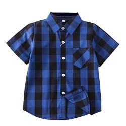 Unisex Kinder 100% Baumwolle Kurzarm Sommer Atmungsaktiv Shirts Freizeit Kariertes Hemd(Marineblau & Schwarz Kariert,110) von Machbaby