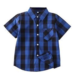 Unisex Kinder 100% Baumwolle Kurzarm Sommer Atmungsaktiv Shirts Freizeit Kariertes Hemd(Marineblau & Schwarz Kariert,140) von Machbaby