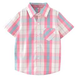 Unisex Kinder 100% Baumwolle Kurzarm Sommer Atmungsaktiv Shirts Freizeit Kariertes Hemd(Rosa,120) von Machbaby