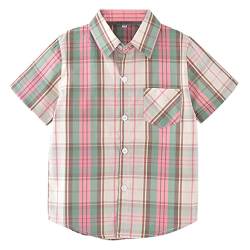 Unisex Kinder 100% Baumwolle Kurzarm Sommer Atmungsaktiv Shirts Freizeit Kariertes Hemd(Rosa-grüne Streifen,130) von Machbaby
