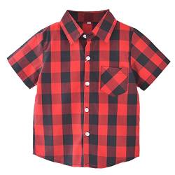 Unisex Kinder 100% Baumwolle Kurzarm Sommer Atmungsaktiv Shirts Freizeit Kariertes Hemd(Rot-schwarz Kariert,110) von Machbaby