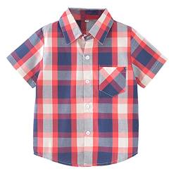 Unisex Kinder 100% Baumwolle Kurzarm Sommer Atmungsaktiv Shirts Freizeit Kariertes Hemd(Rote & Blaue Streifen,140) von Machbaby