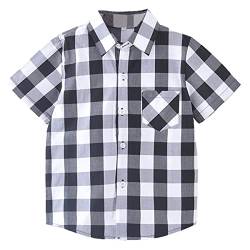 Unisex Kinder 100% Baumwolle Kurzarm Sommer Atmungsaktiv Shirts Freizeit Kariertes Hemd(Schwarz-weiß Kariert,140) von Machbaby