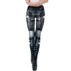 Damen-Leggings, Retro, Punk, Pioneer, Krieger, Druck, sexy, Comic, Tattoo, glatte und weiche elastische Hose, Reg, Plus, Steampunk Schwarz, Groß von Mad Ink