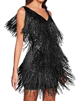 Madam Uniq Damen Quaste formelles Kleid Träger Pailletten Mini Elegant Abend Prom Party Club Tanzkleid, C-schwarz, Mittel von Madam Uniq