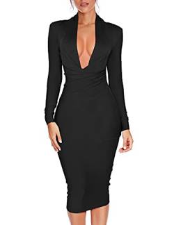 Sexy V-Ausschnitt Bandage Kleid mit langen Ärmeln Midi Festliche Kleider für Damen, schwarz, Klein von Madam Uniq