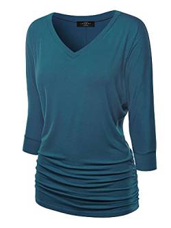 Made By Johnny Damen V-Ausschnitt/U-Boot-Ausschnitt 3/4 Ärmel Drape Dolman Shirt Top mit Seitlicher Raffung - Blau - 5X-Groß von Made By Johnny