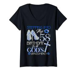 Damen Stepping into my 58th birthday with gods grace and mercy T-Shirt mit V-Ausschnitt von Made In 1966 Gifts 58 Years Old Birthday Queen