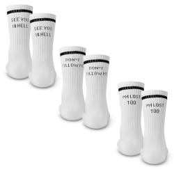 Made by Nami Weiße Crew Socks 3-er Set aus Baumwolle • Herren & Damen Weiße Retro Tennis Socken mit Sprüchen • Atmungsaktiv (DE/NL/SE/PL, Numerisch, 35, 40, Regular, Regular, Set 2) von Made by Nami