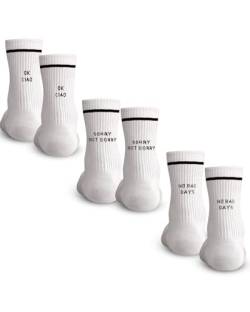 Weiße Crew Socks 3-er Set aus Baumwolle • Herren & Damen Retro Tennis-Socken • Atmungsaktiv • Weiße Socken mit Sprüchen • Lustige Socken (DE/NL/SE/PL, Numerisch, 35, 40, Regular, Regular) von Made by Nami