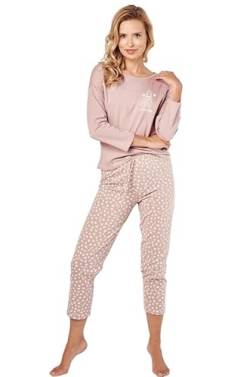 Mademoiselle Sommeil Damen Schlafanzug | 2-Teiliges Pyjama Set in blassem lila | ¾ Arm Oberteil mit Motivdruck | Capri Hose mit Kaffeetassen Allover-Print | 100% Baumwolle von Mademoiselle Sommeil