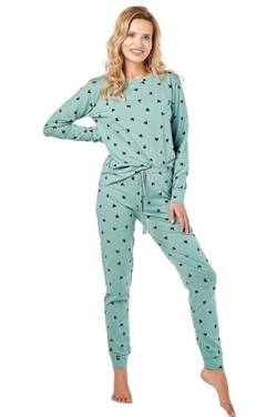 Mademoiselle Sommeil Damen Schlafanzug | 2-Teiliges Pyjama Set in dunkelgrün mit Herzdruck | Langarm Oberteil & Lange Hose | 100% Baumwolle von Mademoiselle Sommeil