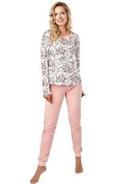 Mademoiselle Sommeil Damen Schlafanzug | 2-Teiliges Pyjama Set mit Rosendruck | Langarm Oberteil in weiß & Lange Hose in Lachsfarben | 100% Hochwertige Baumwolle von Mademoiselle Sommeil