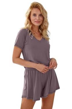 Mademoiselle Sommeil Damen Schlafanzug Kurz | Pyjama aus luxuriöser Viskose-Elastan-Mischung | Dunkel lila Oberteil mit V-Ausschnitt | Lockere Kurze Hose mit rockähnlicher Silhouette von Mademoiselle Sommeil