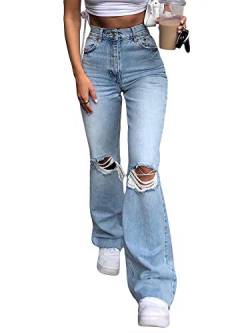 Damen Jeans mit Ripped Hole Baggy Flare Hose Y2K Hohe Taille Denim Hosen E-Girls Straight Wide Leg Casual Streetwear Gr. S, hellblau von Madger