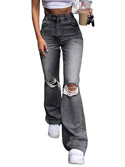 Damen Jeans mit Ripped Hole Baggy Flare Hose Y2K Hohe Taille Denim Hosen E-Girls Straight Wide Leg Casual Streetwear Gr. XL, Anthrazit von Madger