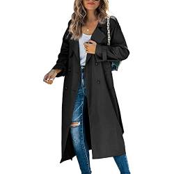 Damen Lang Trenchcoat Umlegekragen Revers Doppelreiher Windbreaker Jacke Solide Lose Herbst Lang Mantel, Schwarz , 48 von Madger