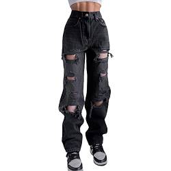 Damen Y2k Baggy Jeans Boyfriend Ripped Denim Hose Weites Bein Hohe Taille Gerade Hose E-Girls Hollow Out Streetwear, Schwarz , S von Madger