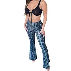 Madger Damen Bell Bottom Flare Palazzo Pants Boho Vintage Floral Print Wide Leg Pant High Waist Stretchy Skinny Hose Y2k Streetwear, blau, L von Madger