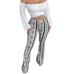 Madger Damen Bell Bottom Flare Palazzo Pants Boho Vintage Floral Print Wide Leg Pant High Waist Stretchy Skinny Hose Y2k Streetwear, weiß, M von Madger