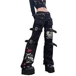 Madger Damen Y2K Jeans mit hoher Taille, lockeres weites Bein, Denim-Hose, Grafikdruck, Baggy-Cargohose, Gothic, dunkle Punk, Streetwear, Schwarz , XL von Madger