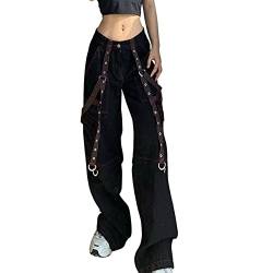 Madger Y2K Damen Jeans mit hoher Taille, lockeres weites Bein, Denim-Hose, Grafikdruck, Baggy-Cargohose, Gothic, dunkler Punk, Streetwear (V-Schwarz, S), V-schwarz von Madger