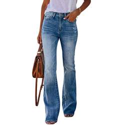 Madger Y2k Flare Jeans für Damen, hohe Taille, Distressed Denim-Hose, schmal, dehnbar, elastisch, Glockenboden, Jeans, Baggy-Hose, Streetwear Mode, blau, XL von Madger